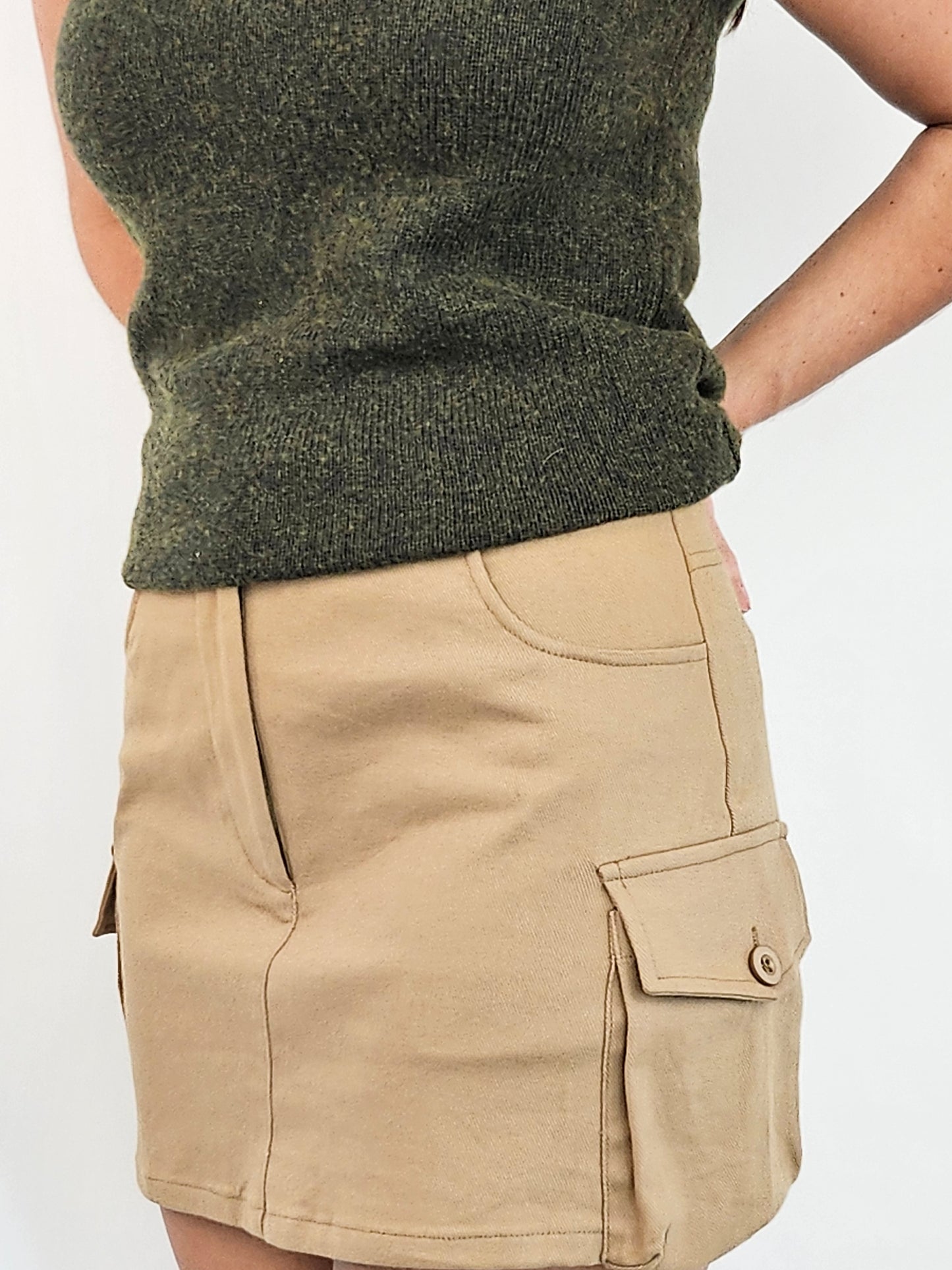Close up of the Khaki Cargo Skirt and the side pockets it has to offer.