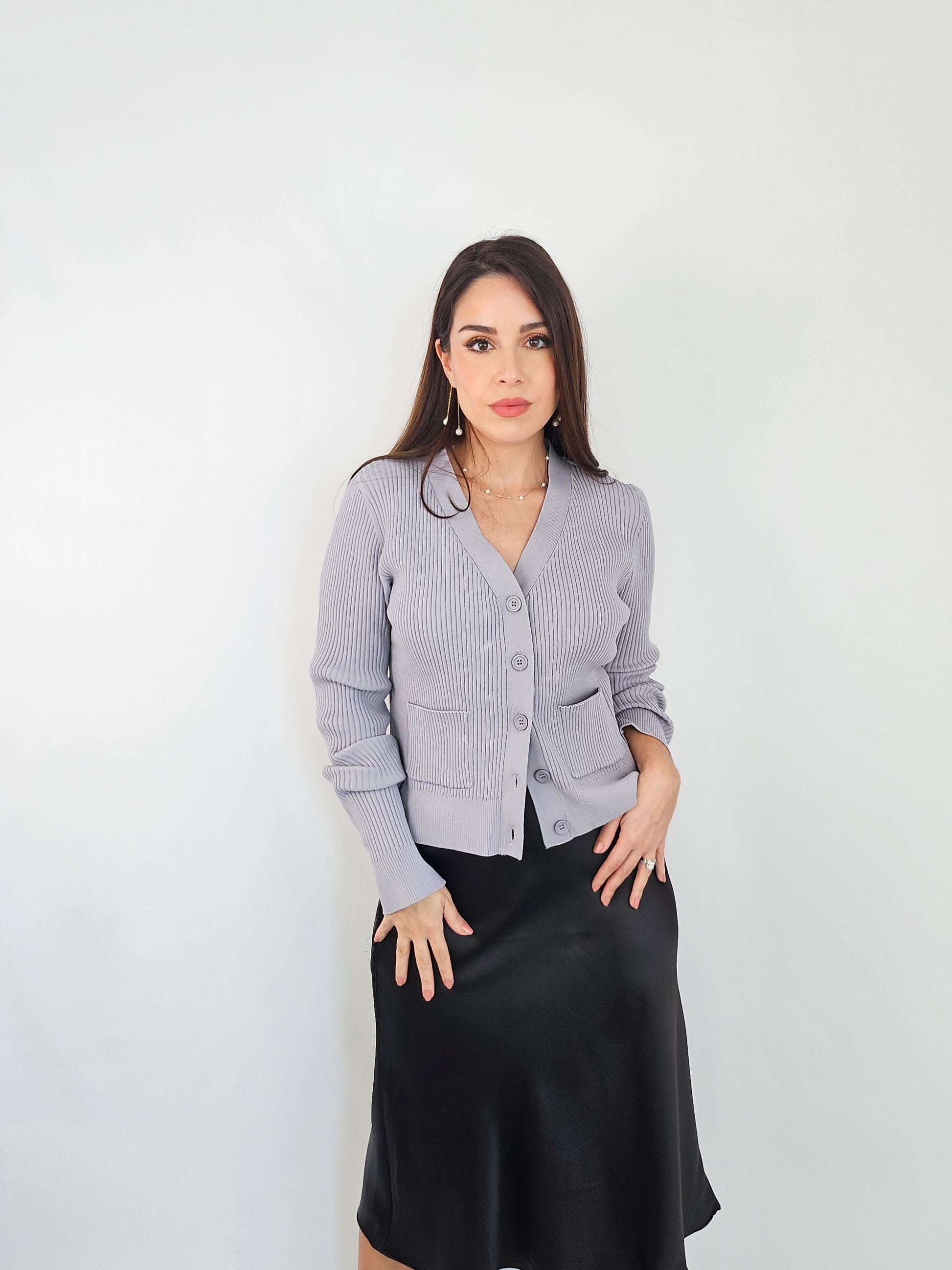 Showcasing this gorgeous button down cardigan sweater and how it looks so polished with a silk a-line skirt.