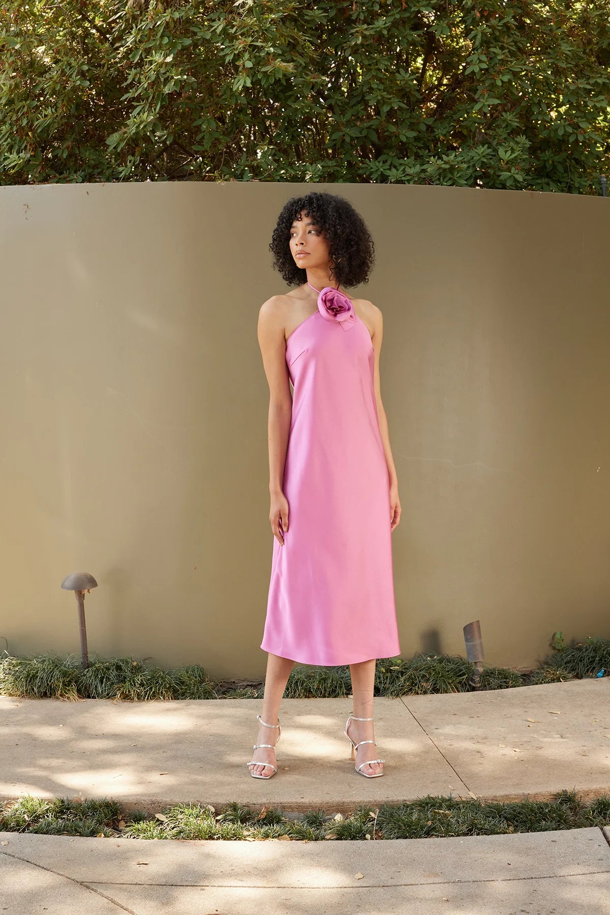 Lucy Paris Satin Halter Rosette Neck Sleeveless Midi Dress