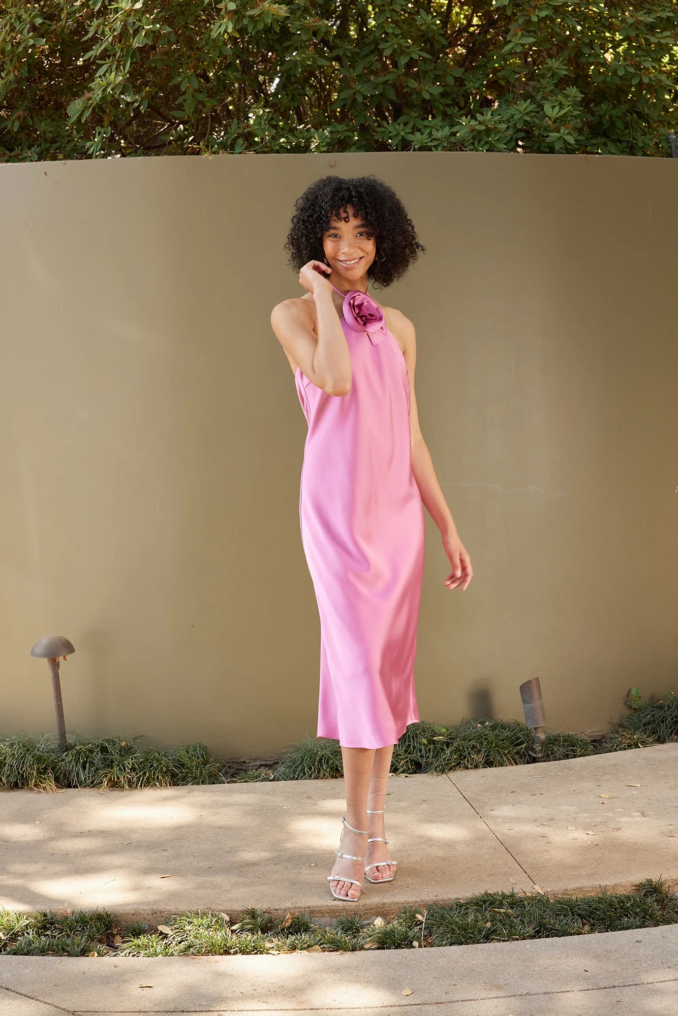 Lucy Paris Satin Halter Rosette Neck Sleeveless Midi Dress