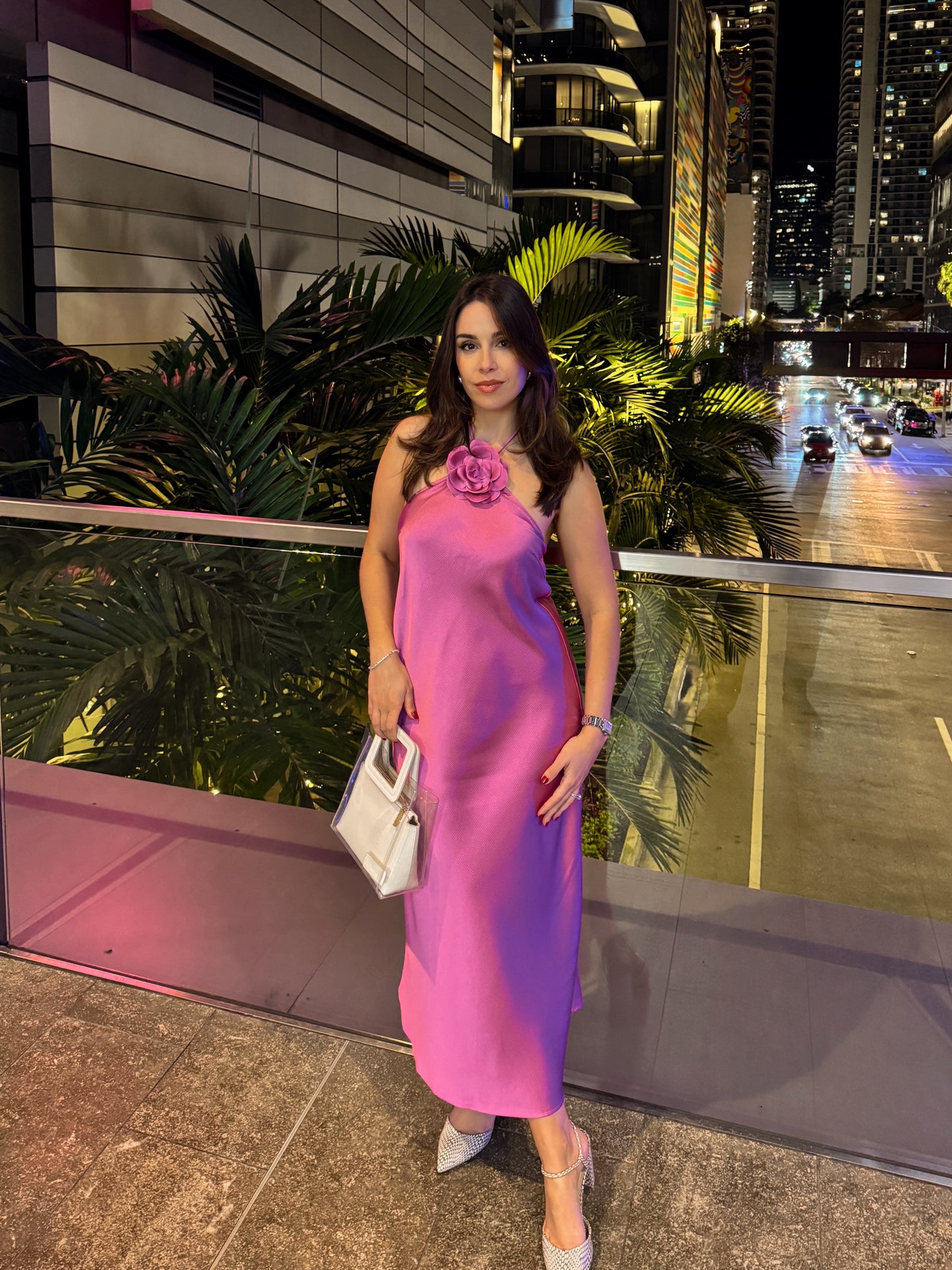 Lucy Paris Satin Halter Rosette Neck Sleeveless Midi Dress