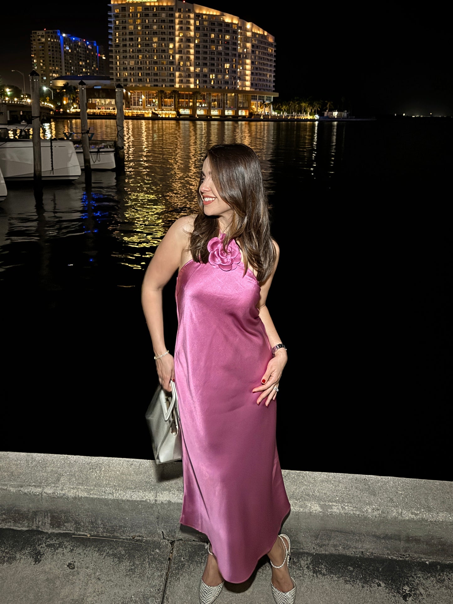 Lucy Paris Satin Halter Rosette Neck Sleeveless Midi Dress