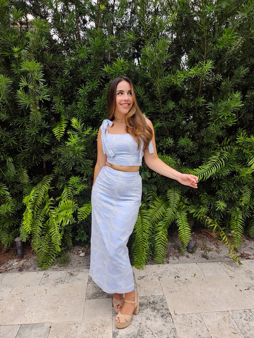 Celeste Set– Two-Piece Crop Top & Midi Skirt in Powder Blue