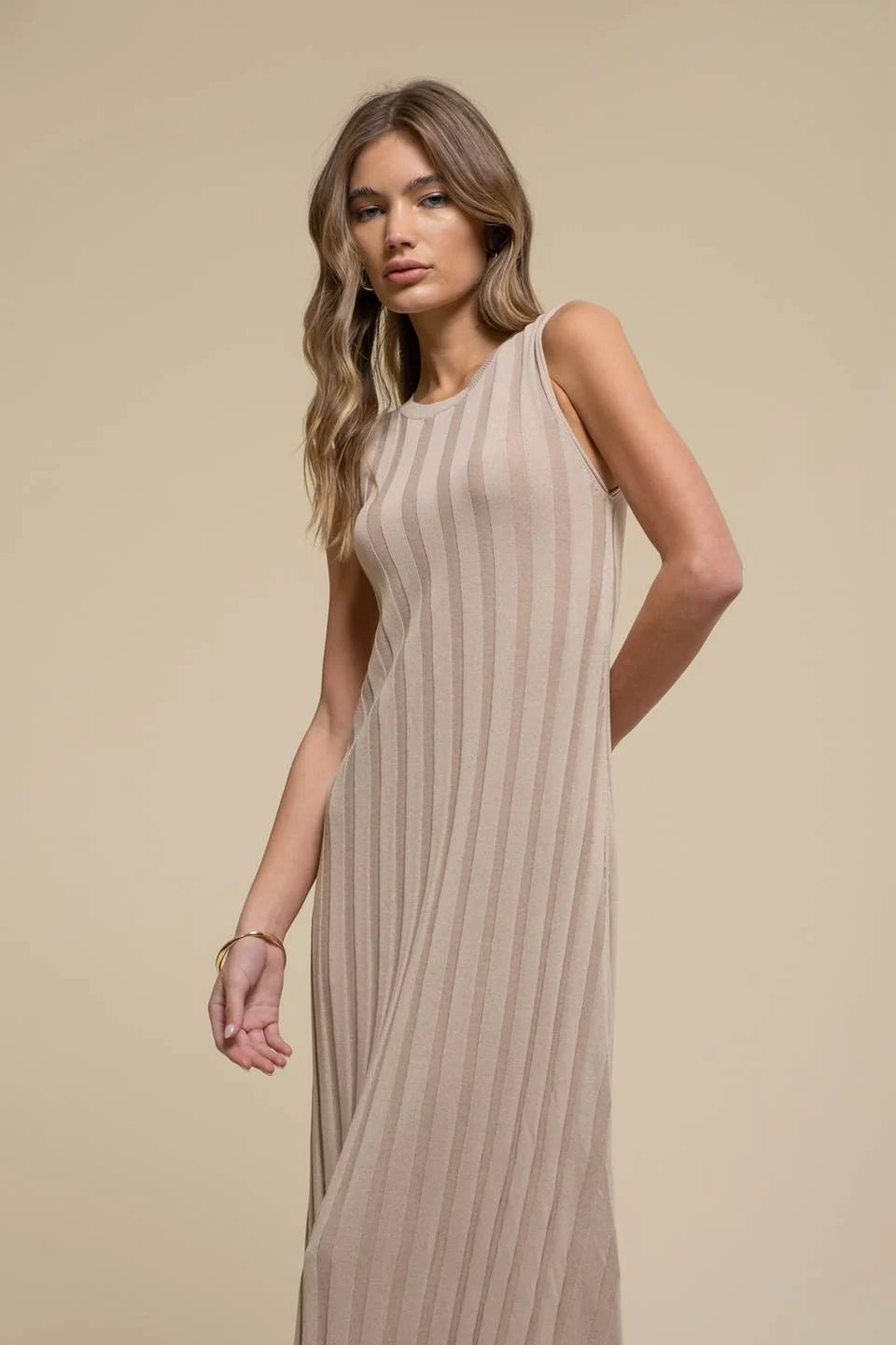 Sweater Knit Sleeveless Midi Dress Neutral Ribbed Knit for Day to Ni Whisper in Style Sweater Knit Sleeveless Midi Dress Neutral Ribbed Knit for Day to Ni Whisper in Style