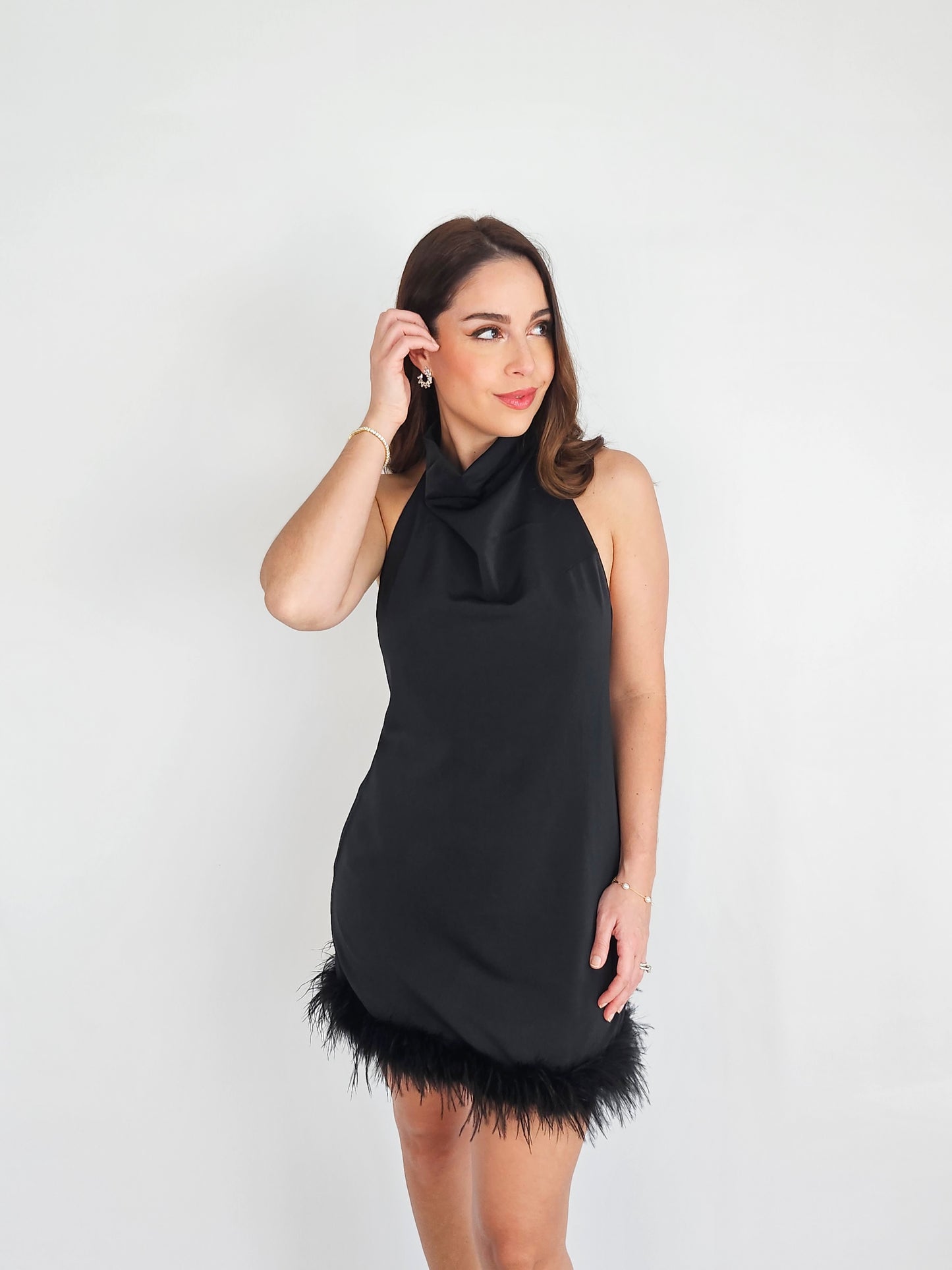 HALTER DRESS WITH FEATHER DETAILS
