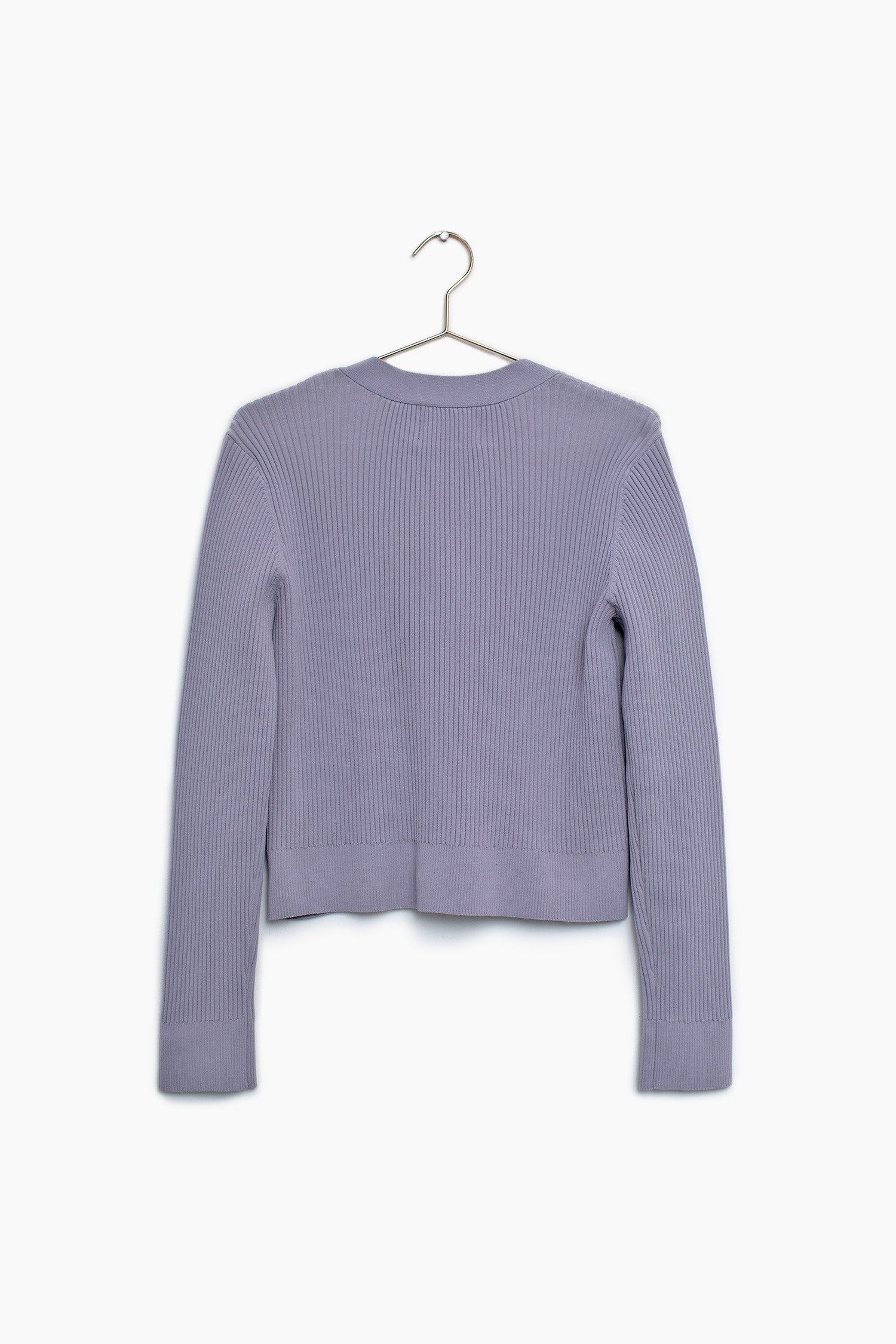The back of the lilac button up cardigan sweater 